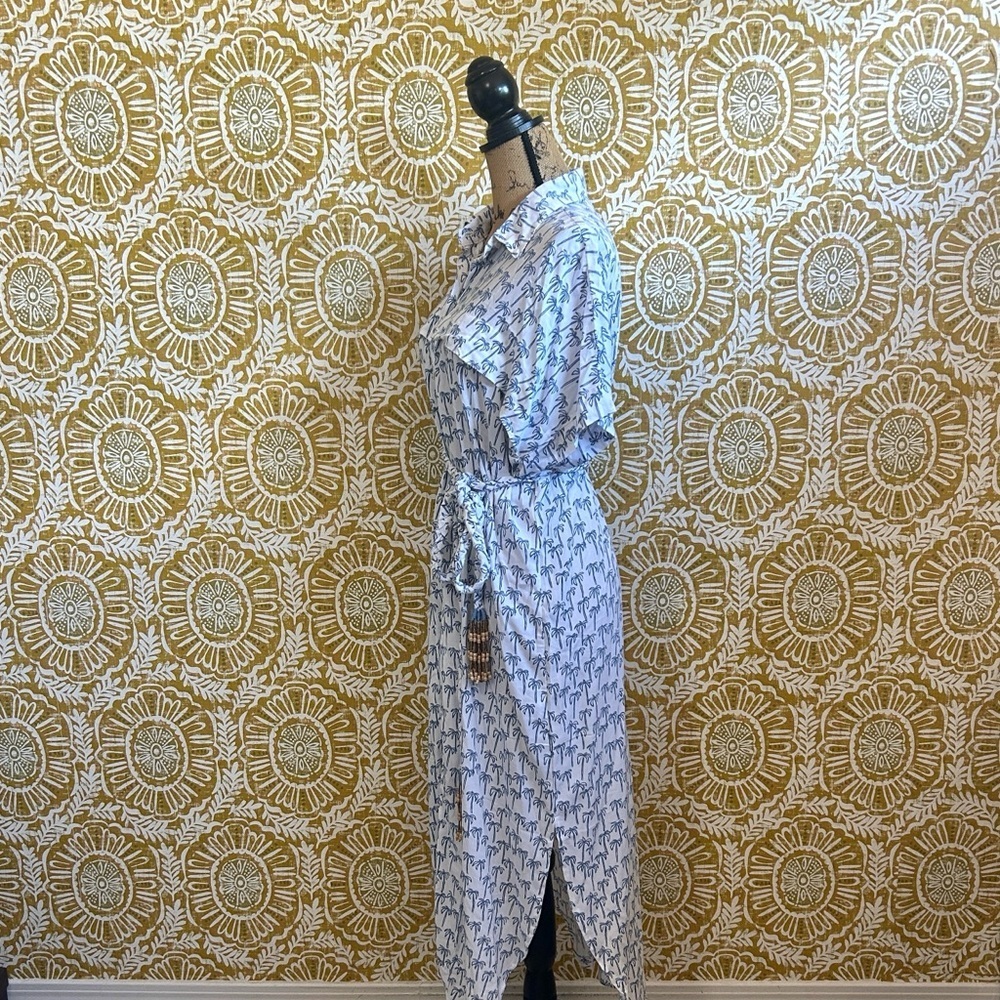 Skemo Palmerita Palm Print Short Sleeve Tie Waist Shirt Midi Dress White/Navy M - Picture 10 of 14